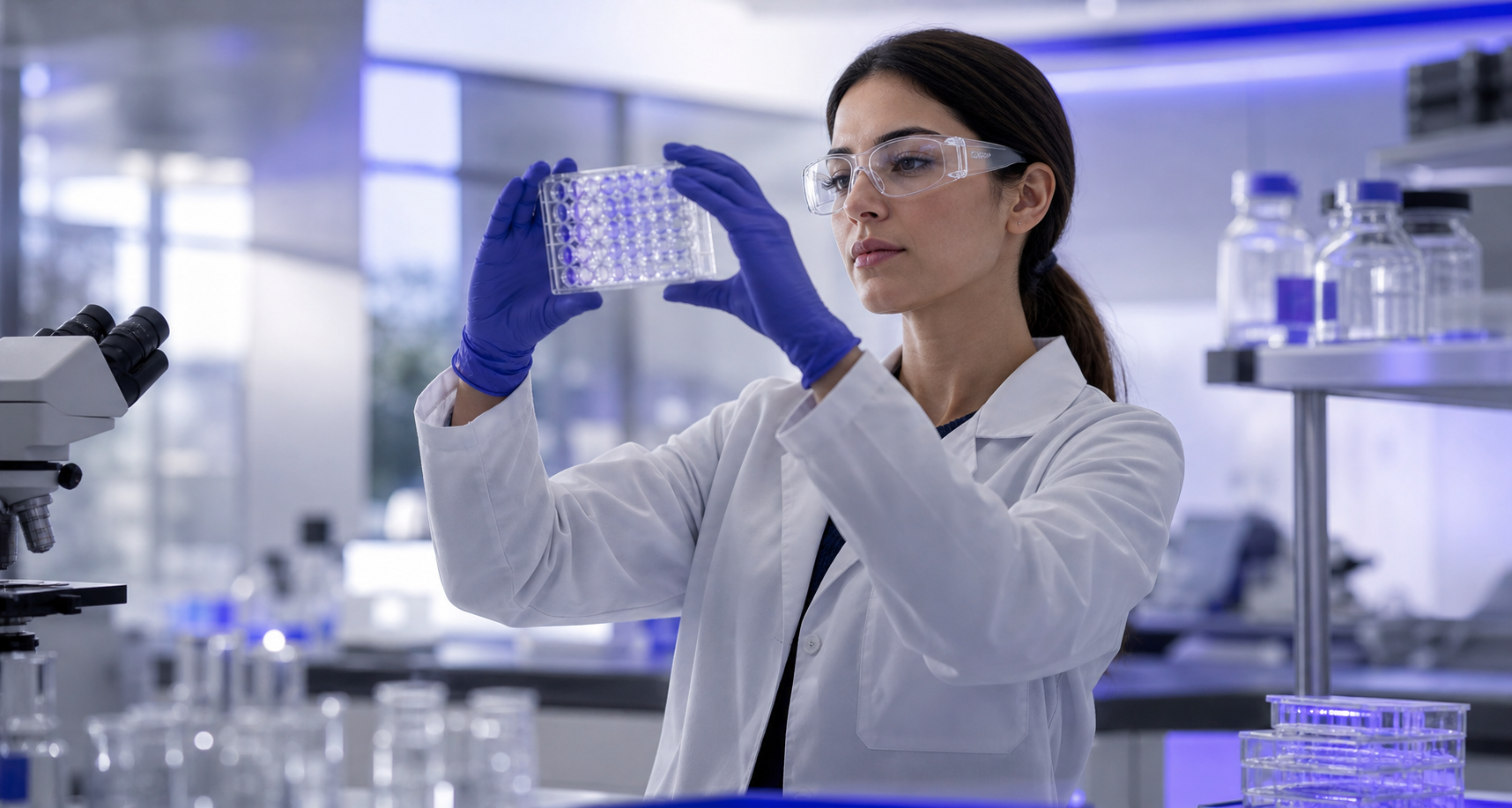 Laboratory scientist examining a multiwell sample plate