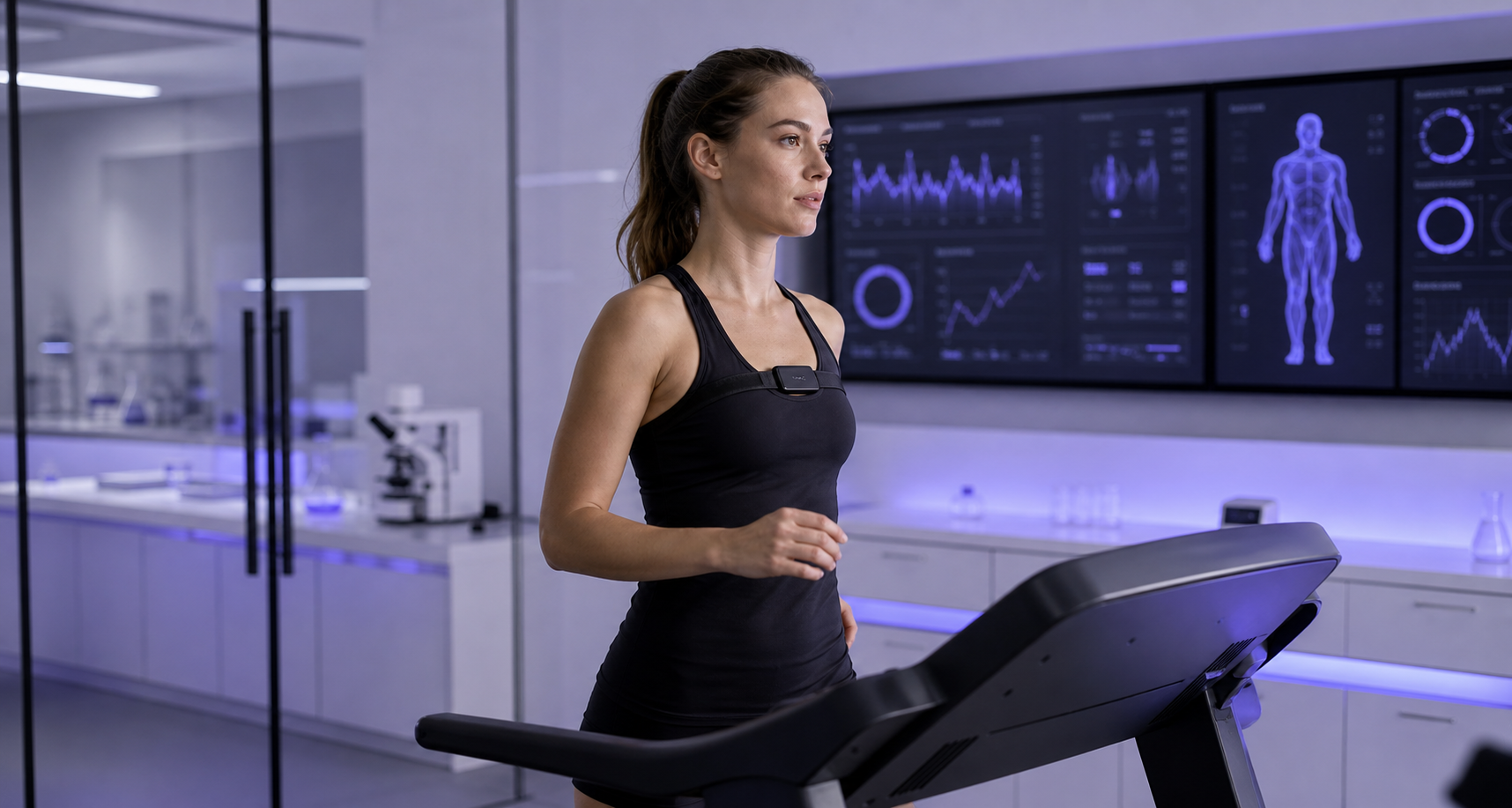 Woman walking on a treadmill during noninvasive metabolic research