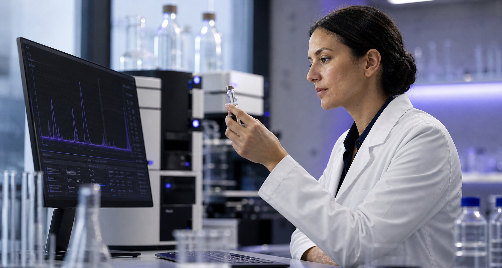 Analytical scientist reviewing a sample and chromatography results