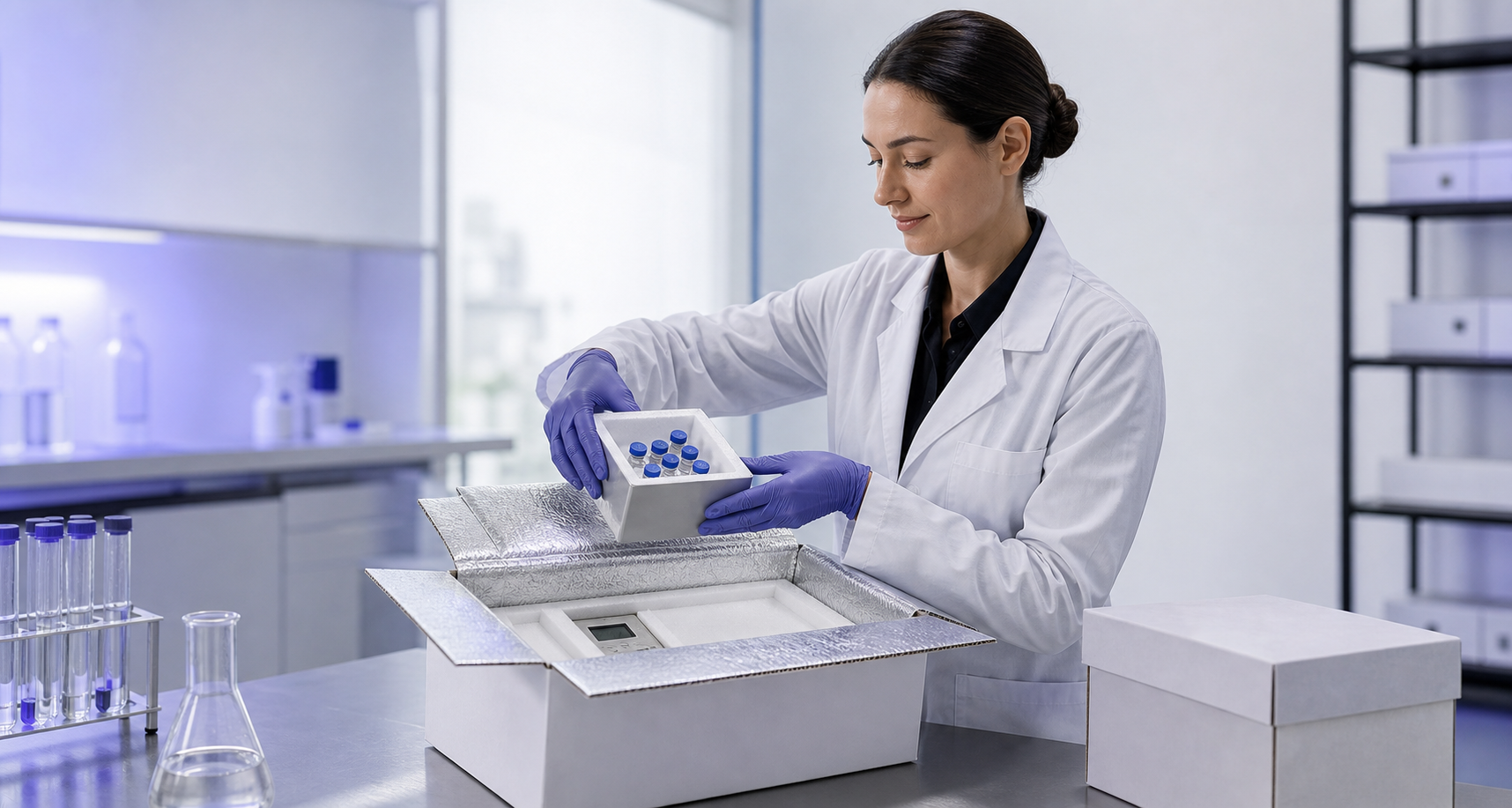 Laboratory fulfillment specialist preparing a protected temperature-aware shipment